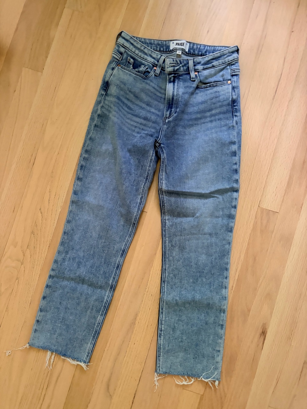 PAIGE Light Blue Straight Leg Jeans with Raw Hem